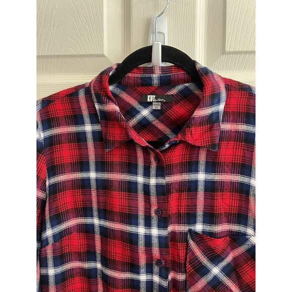 KUT FROM THE KLOTH Red Plaid Mix Media Button Up Shirt Blouse - Picture 5 of 13